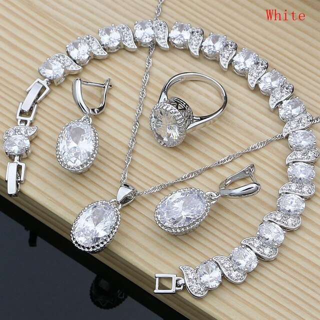 Natural 925 Silver Jewelry Red Birthstone Charm Jewelry Sets Women Earrings/Pendant/Necklace/Ring/Bracelets T055