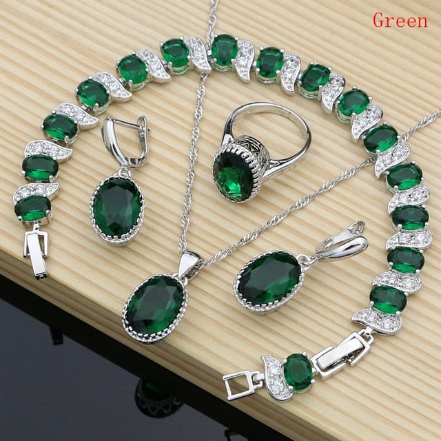 Natural 925 Silver Jewelry Red Birthstone Charm Jewelry Sets Women Earrings/Pendant/Necklace/Ring/Bracelets T055