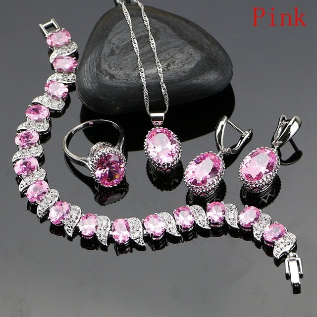 Natural 925 Silver Jewelry Red Birthstone Charm Jewelry Sets Women Earrings/Pendant/Necklace/Ring/Bracelets T055