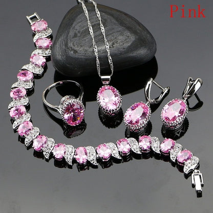 Natural 925 Silver Jewelry Red Birthstone Charm Jewelry Sets Women Earrings/Pendant/Necklace/Ring/Bracelets T055