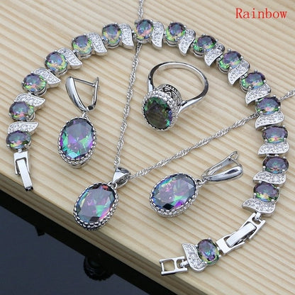 Natural 925 Silver Jewelry Red Birthstone Charm Jewelry Sets Women Earrings/Pendant/Necklace/Ring/Bracelets T055