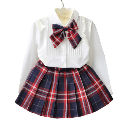 Humor Bear Autumn Kids Baby Girl Clothes Long Sleeve T-shirt+Grid Skirt +bowknot Casual suits Student Girls' Clothing Sets