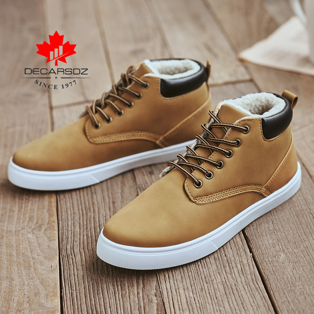 DECARSDZ Men Winter Boots 2020 Fashion Warm Short Plush Men's Boots Men Casual Shoes Men Comfy Lace-up Leather Brand Snow Boots