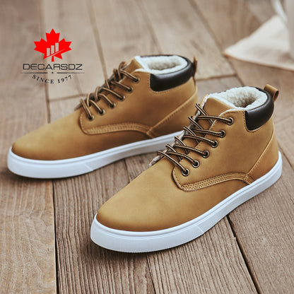 DECARSDZ Men Winter Boots 2020 Fashion Warm Short Plush Men's Boots Men Casual Shoes Men Comfy Lace-up Leather Brand Snow Boots