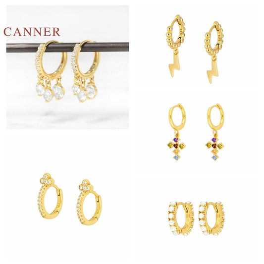 CANNER Real 925 Sterling Silver Earrings For Women Pearl French Cross Lightning Earrings Hoops Three Zircon Diamond Jewelry