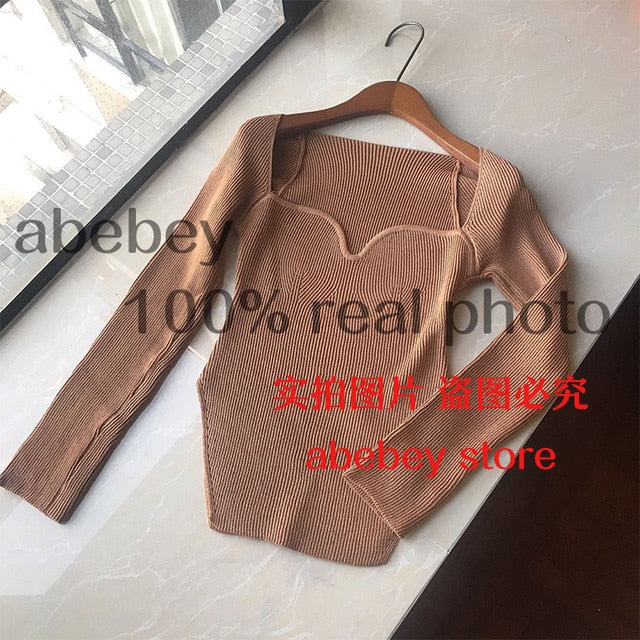 2020 new spring and summer fashion women clothes cashmere sqaure collar full sleeves elastic high waist sexy pullover WK080