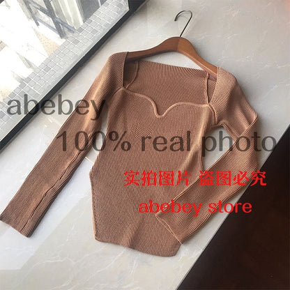 2020 new spring and summer fashion women clothes cashmere sqaure collar full sleeves elastic high waist sexy pullover WK080