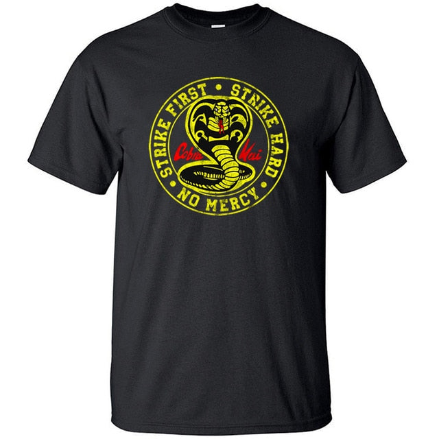 Cobra Kai T Shirt Men Strike First Strike Hard No Mercy Tshirt Shirts Cotton Summer Top Tshirts Short Sleeves Tees Black T-Shirt