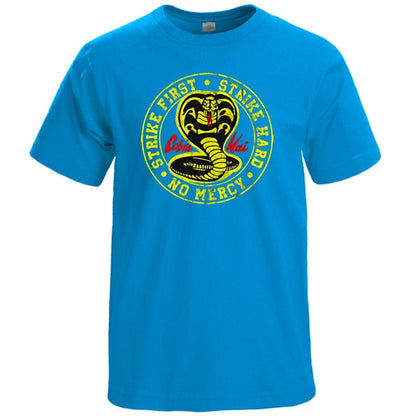 Cobra Kai T Shirt Men Strike First Strike Hard No Mercy Tshirt Shirts Cotton Summer Top Tshirts Short Sleeves Tees Black T-Shirt