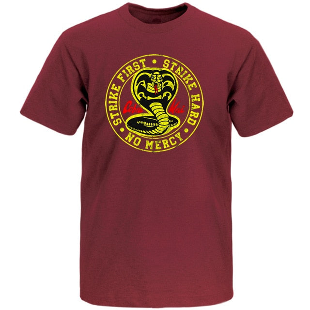 Cobra Kai T Shirt Men Strike First Strike Hard No Mercy Tshirt Shirts Cotton Summer Top Tshirts Short Sleeves Tees Black T-Shirt