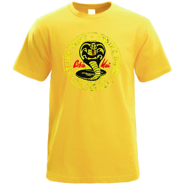 Cobra Kai T Shirt Men Strike First Strike Hard No Mercy Tshirt Shirts Cotton Summer Top Tshirts Short Sleeves Tees Black T-Shirt