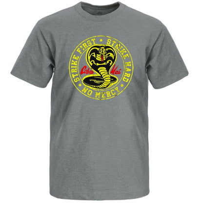Cobra Kai T Shirt Men Strike First Strike Hard No Mercy Tshirt Shirts Cotton Summer Top Tshirts Short Sleeves Tees Black T-Shirt