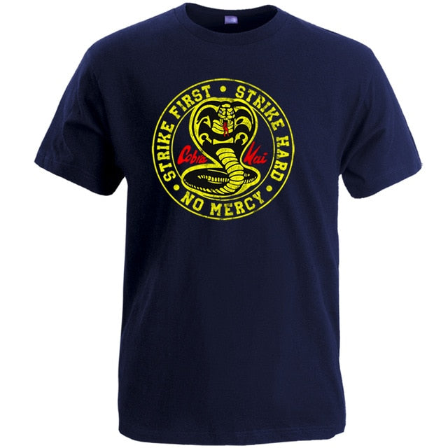 Cobra Kai T Shirt Men Strike First Strike Hard No Mercy Tshirt Shirts Cotton Summer Top Tshirts Short Sleeves Tees Black T-Shirt