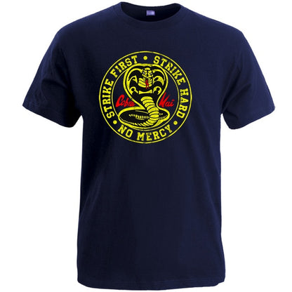 Cobra Kai T Shirt Men Strike First Strike Hard No Mercy Tshirt Shirts Cotton Summer Top Tshirts Short Sleeves Tees Black T-Shirt