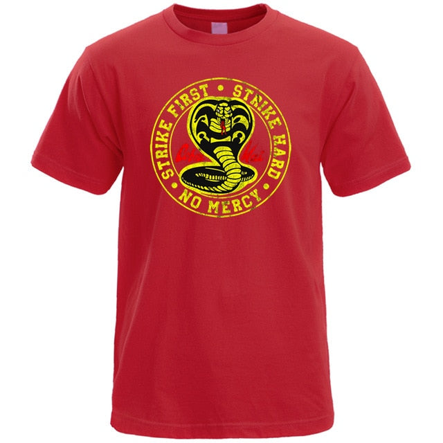 Cobra Kai T Shirt Men Strike First Strike Hard No Mercy Tshirt Shirts Cotton Summer Top Tshirts Short Sleeves Tees Black T-Shirt