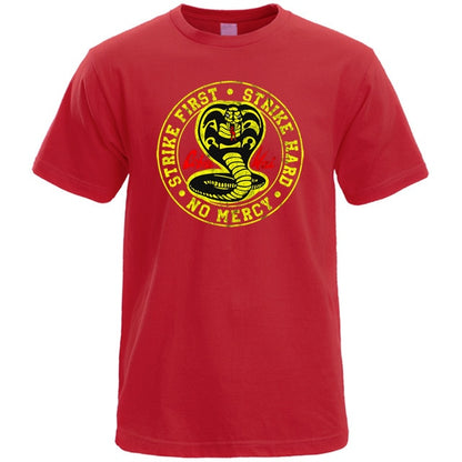 Cobra Kai T Shirt Men Strike First Strike Hard No Mercy Tshirt Shirts Cotton Summer Top Tshirts Short Sleeves Tees Black T-Shirt