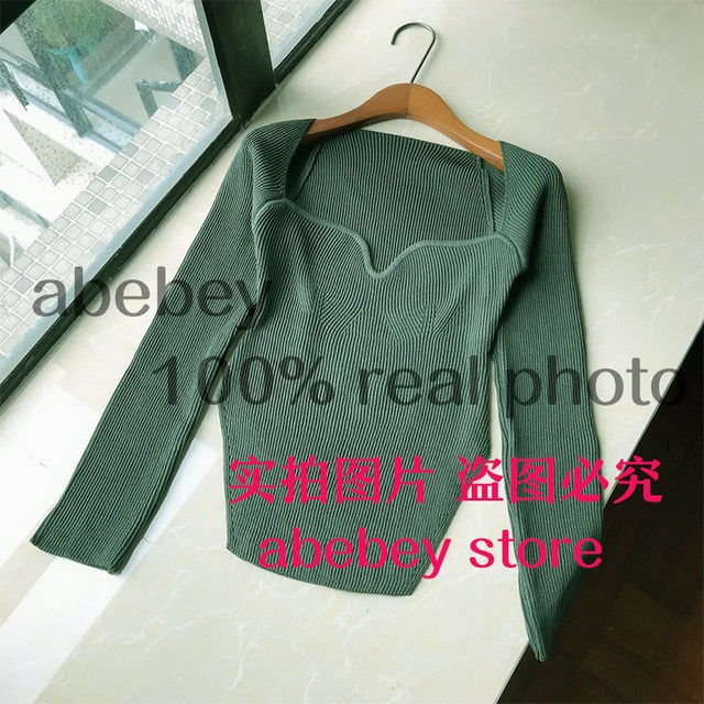 2020 new spring and summer fashion women clothes cashmere sqaure collar full sleeves elastic high waist sexy pullover WK080