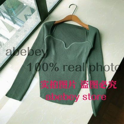 2020 new spring and summer fashion women clothes cashmere sqaure collar full sleeves elastic high waist sexy pullover WK080
