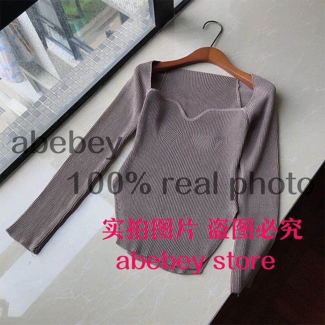 2020 new spring and summer fashion women clothes cashmere sqaure collar full sleeves elastic high waist sexy pullover WK080