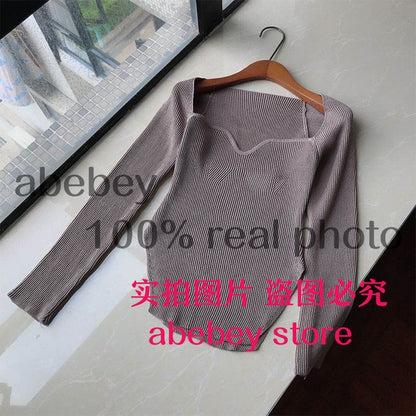 2020 new spring and summer fashion women clothes cashmere sqaure collar full sleeves elastic high waist sexy pullover WK080