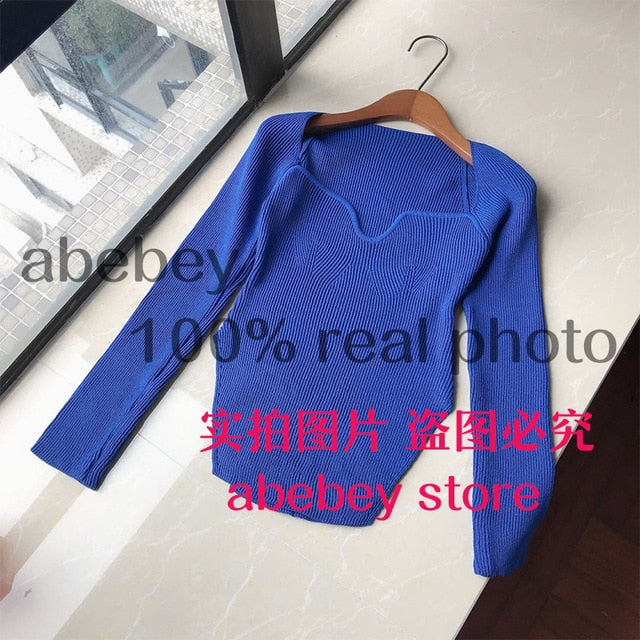 2020 new spring and summer fashion women clothes cashmere sqaure collar full sleeves elastic high waist sexy pullover WK080