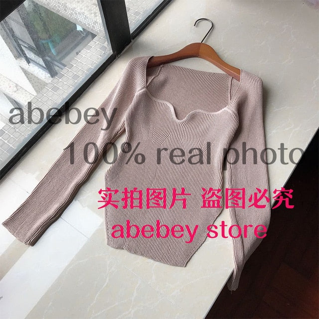 2020 new spring and summer fashion women clothes cashmere sqaure collar full sleeves elastic high waist sexy pullover WK080