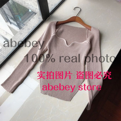 2020 new spring and summer fashion women clothes cashmere sqaure collar full sleeves elastic high waist sexy pullover WK080