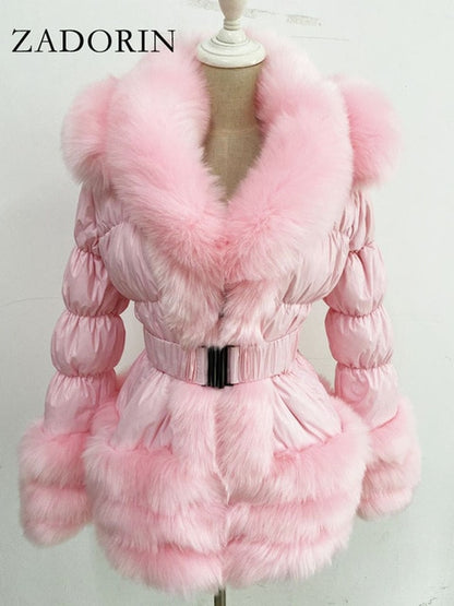 ZADORIN 2020 Winter Warm Detachable Down Jacket Women Furry FAUX Fur Collar White Duck Down Jacket Winter Down Coat With Hooded