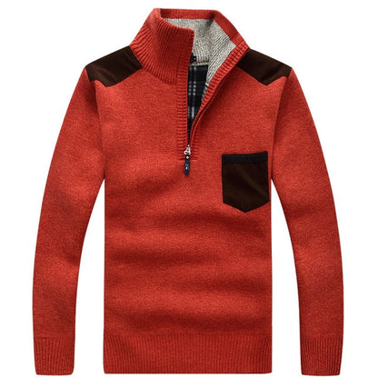 New Winter Mens Pullover Knitted Sweater Male Wool Fleece Thick Casual Pullover Patchwork Warm Pocket Sweater Standing Collar