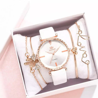 5pcs Set Top Style Fashion Women's Luxury Leather Band Analog Quartz WristWatch Ladies Watch Women Dress Reloj Mujer Black Clock