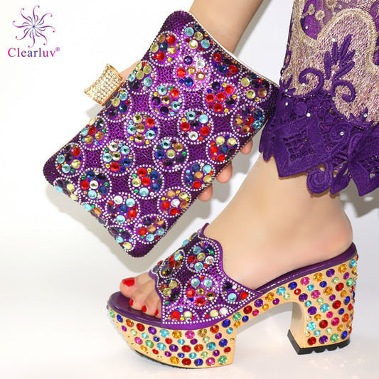 Purple Color Matching Women Shoe and Bags Set Decorated with Rhinestone African Shoe and Bag Set for Party In Women Italy Shoes