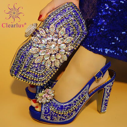 Ladies Italian Leather Shoe and Bag Set Blue Color Italian Shoe with Matching Bag Set 2018 Nigerian Shoes and Bag Set for Party