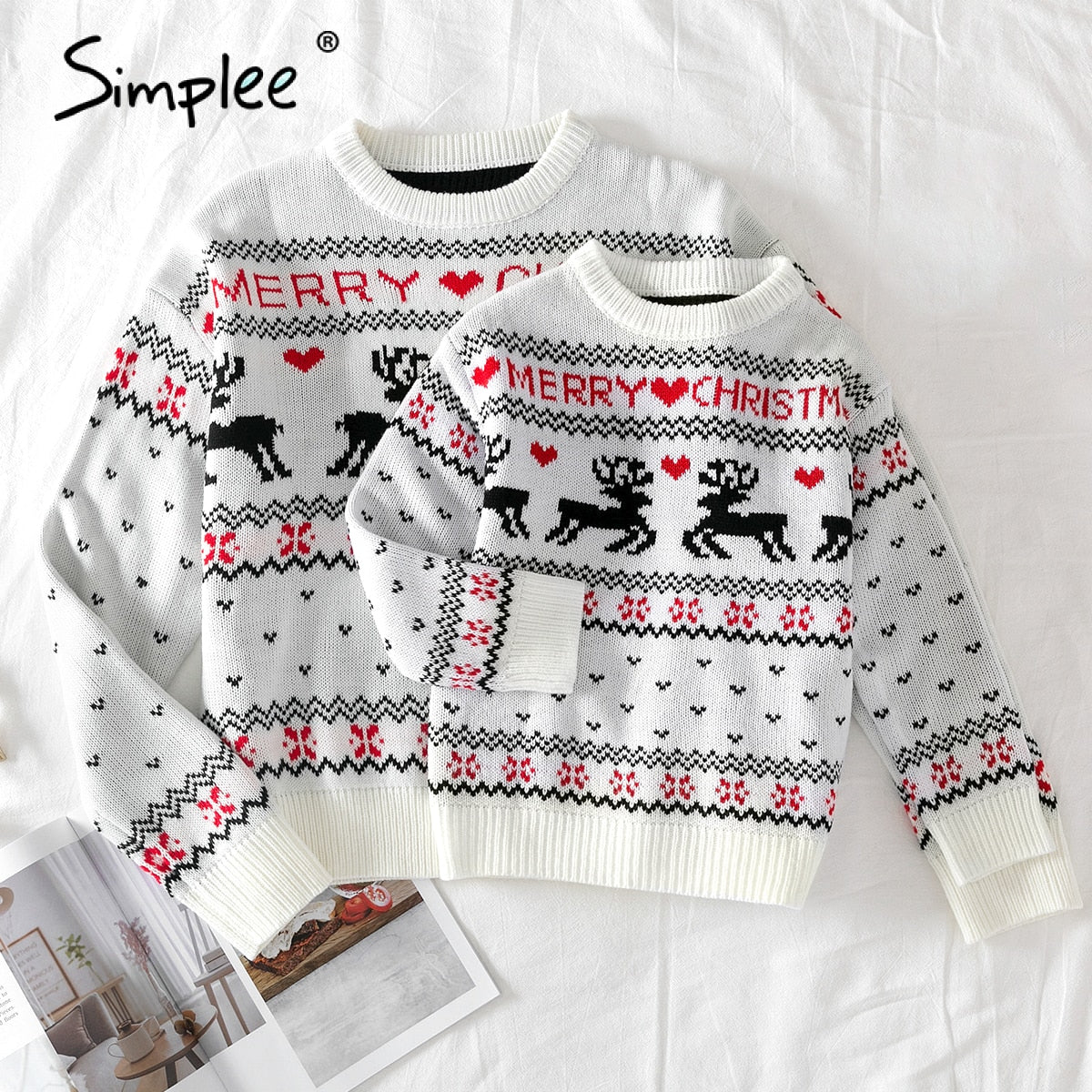 Simplee O-neck Christmas Sweater Family matching outfits Autumn winter Christmas deer print knitted pullovers 2020 New year