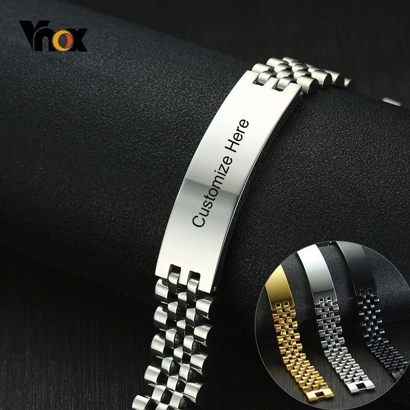 Vnox 15mm Chunky Bracelets for Men Free Engraving 3 Color Stainless Steel Watch Band with ID Bar Design Tough Man Custom Jewelry
