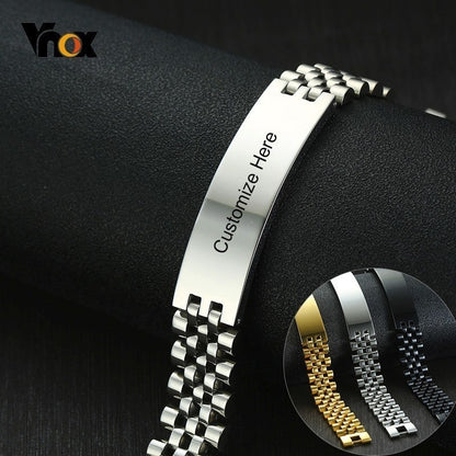 Vnox 15mm Chunky Bracelets for Men Free Engraving 3 Color Stainless Steel Watch Band with ID Bar Design Tough Man Custom Jewelry