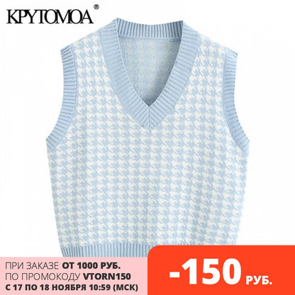 KPYTOMOA Women 2020 Fashion Houndstooth Loose Knitted Vest Sweater V Neck Sleeveless Side Vents Female Waistcoat Chic Tops