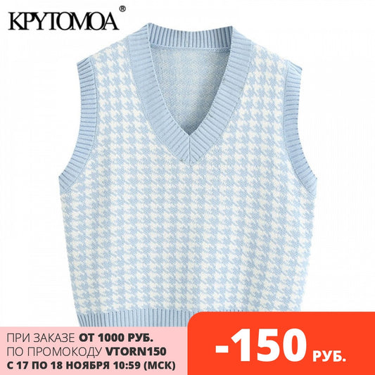 KPYTOMOA Women 2020 Fashion Houndstooth Loose Knitted Vest Sweater V Neck Sleeveless Side Vents Female Waistcoat Chic Tops
