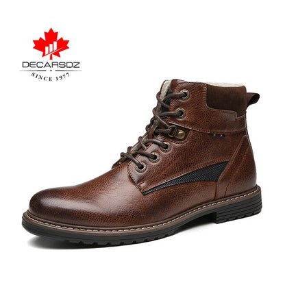 DECARSDZ Men Winter Boots 2020 Autumn New Fashion Shoes Men Boots Comfy Lace-up Leather Warm Short plush Men's Boots Men Shoes