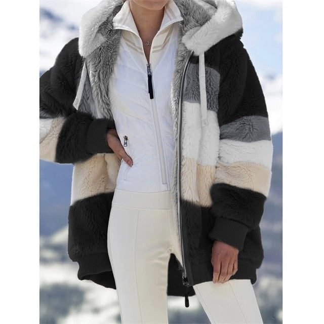S-5XL Winter Coat Jacket Hooded Warm Plush Loose Jacket for Women  Patchwork Winter Outwear Faux Fur Zipper Ladies Parka Coat