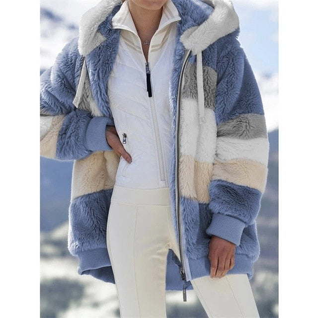 S-5XL Winter Coat Jacket Hooded Warm Plush Loose Jacket for Women  Patchwork Winter Outwear Faux Fur Zipper Ladies Parka Coat
