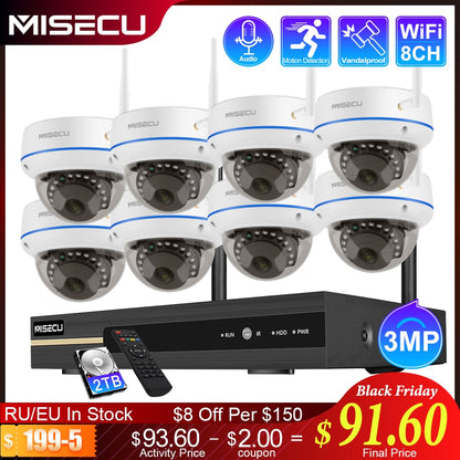 MISECU Wireless CCTV System 3MP NVR Indoor Vandalproof Wifi Camera Audio Record IR-CUT CCTV Camera IP Security Surveillance Kit