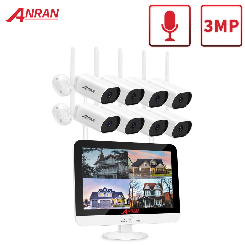 ANRAN 3MP Security Surveillance Camera Kit 13-inch Wireless Monitor NVR System Wifi Audio CCTV Camera Kit Outdoor Camera System