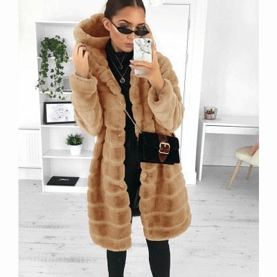 2020 Winter Thicken Warm long faux fur coat Hooded Hairy Warm  Fluffy Ladies Jackets Outwear Plus Size for women