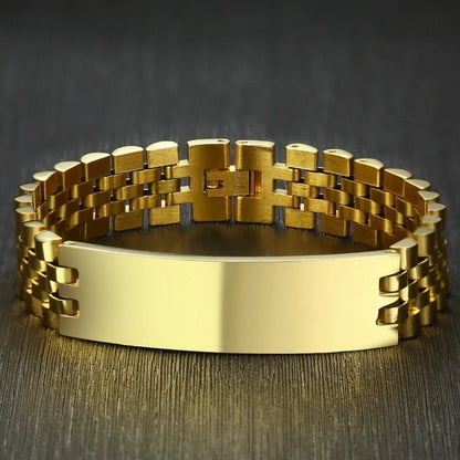 Vnox 15mm Chunky Bracelets for Men Free Engraving 3 Color Stainless Steel Watch Band with ID Bar Design Tough Man Custom Jewelry