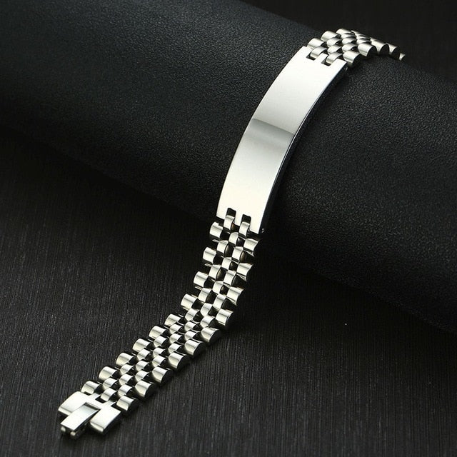 Vnox 15mm Chunky Bracelets for Men Free Engraving 3 Color Stainless Steel Watch Band with ID Bar Design Tough Man Custom Jewelry
