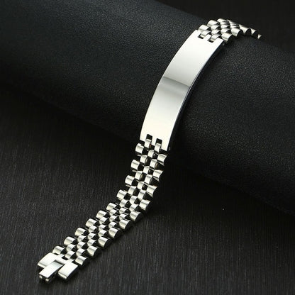 Vnox 15mm Chunky Bracelets for Men Free Engraving 3 Color Stainless Steel Watch Band with ID Bar Design Tough Man Custom Jewelry